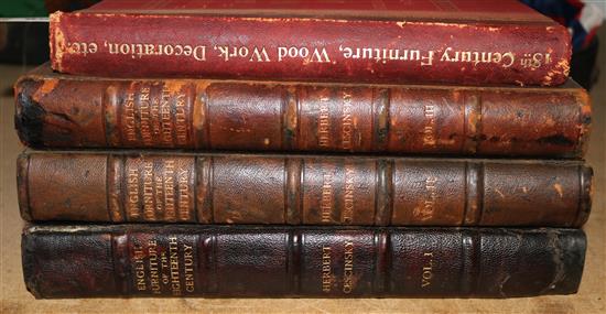 3 part leather bound vols of 18th C English furniture & Vol 18th C vol Woodwork decoration